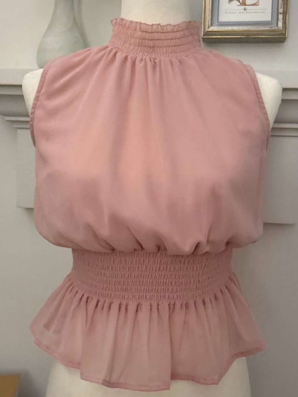 JAPNA Dusty Rose Smocked Mock Neck Peplum Blouse M